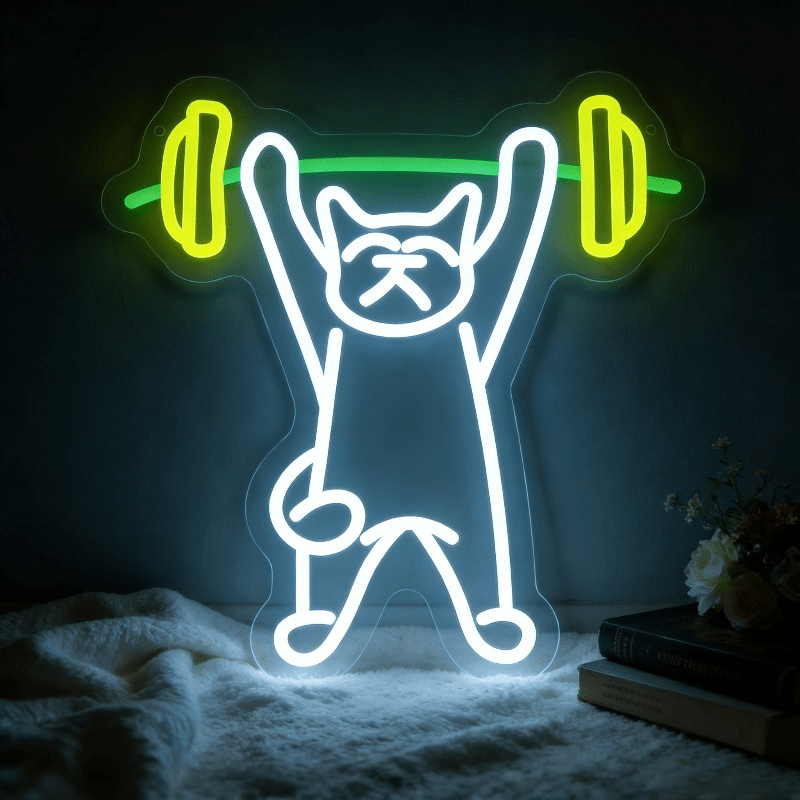 Home Gym Neon Sign - Letreiro Neon LED Gato Levantando Pesos,